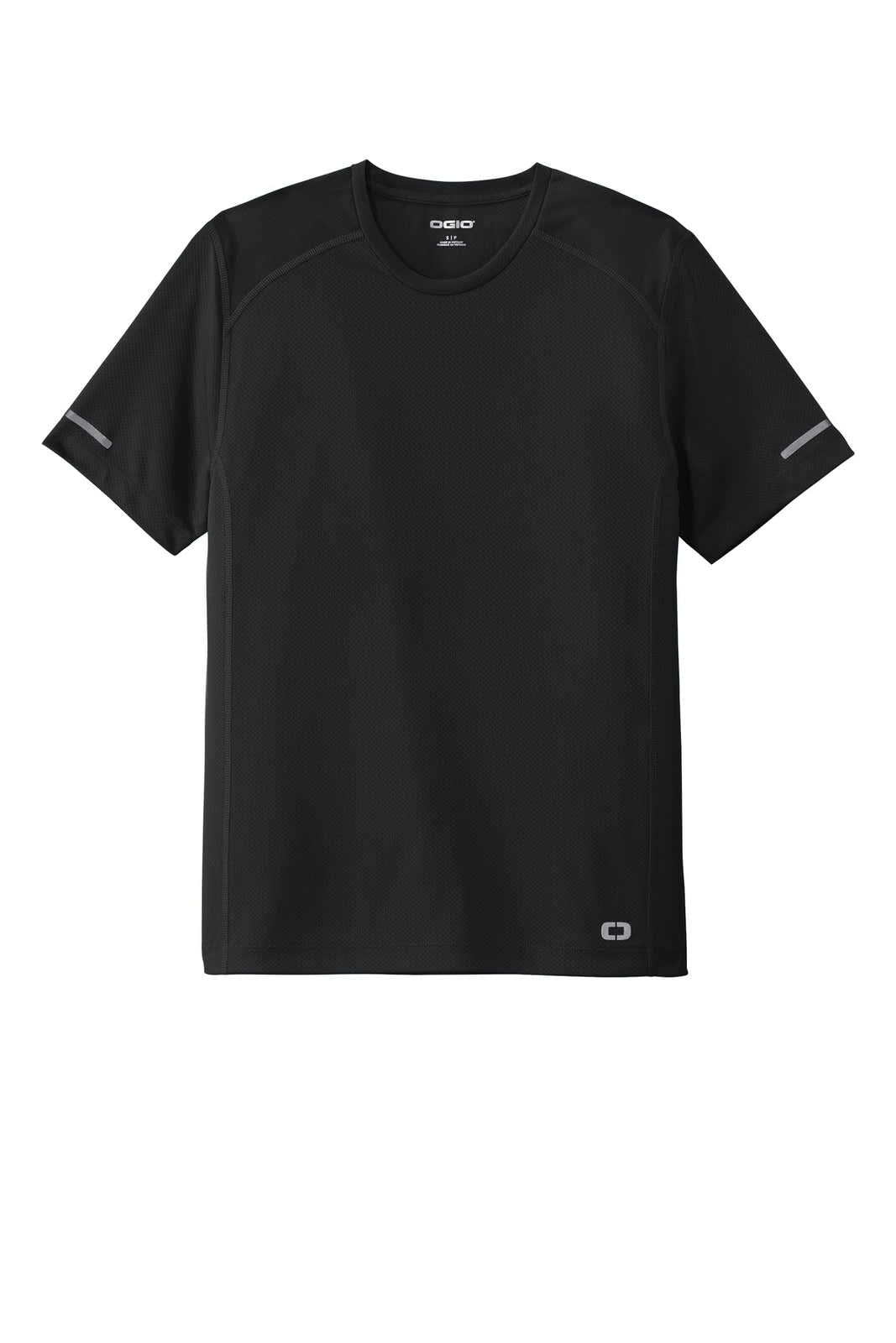 A black mesh tee featuring short sleeves, reflective accents, and a logo. Ideal for activewear.