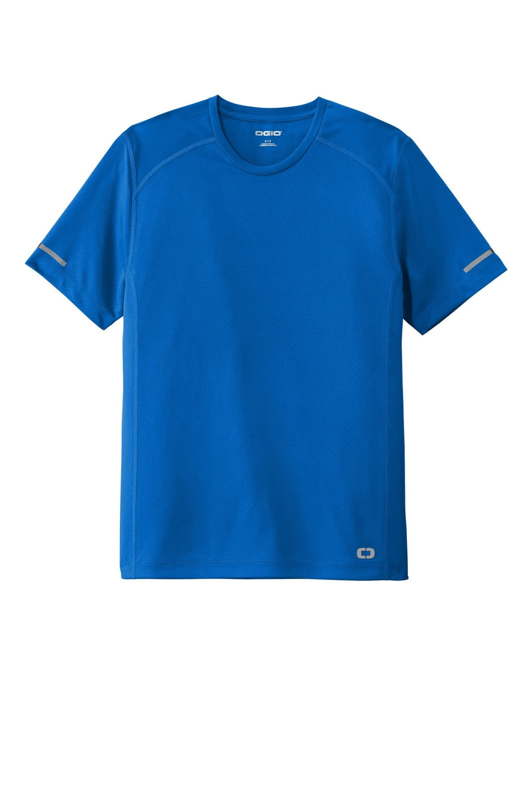 A blue OGIO ENDURANCE Level Mesh Tee with short sleeves and reflective accents. It has a logo on the front.