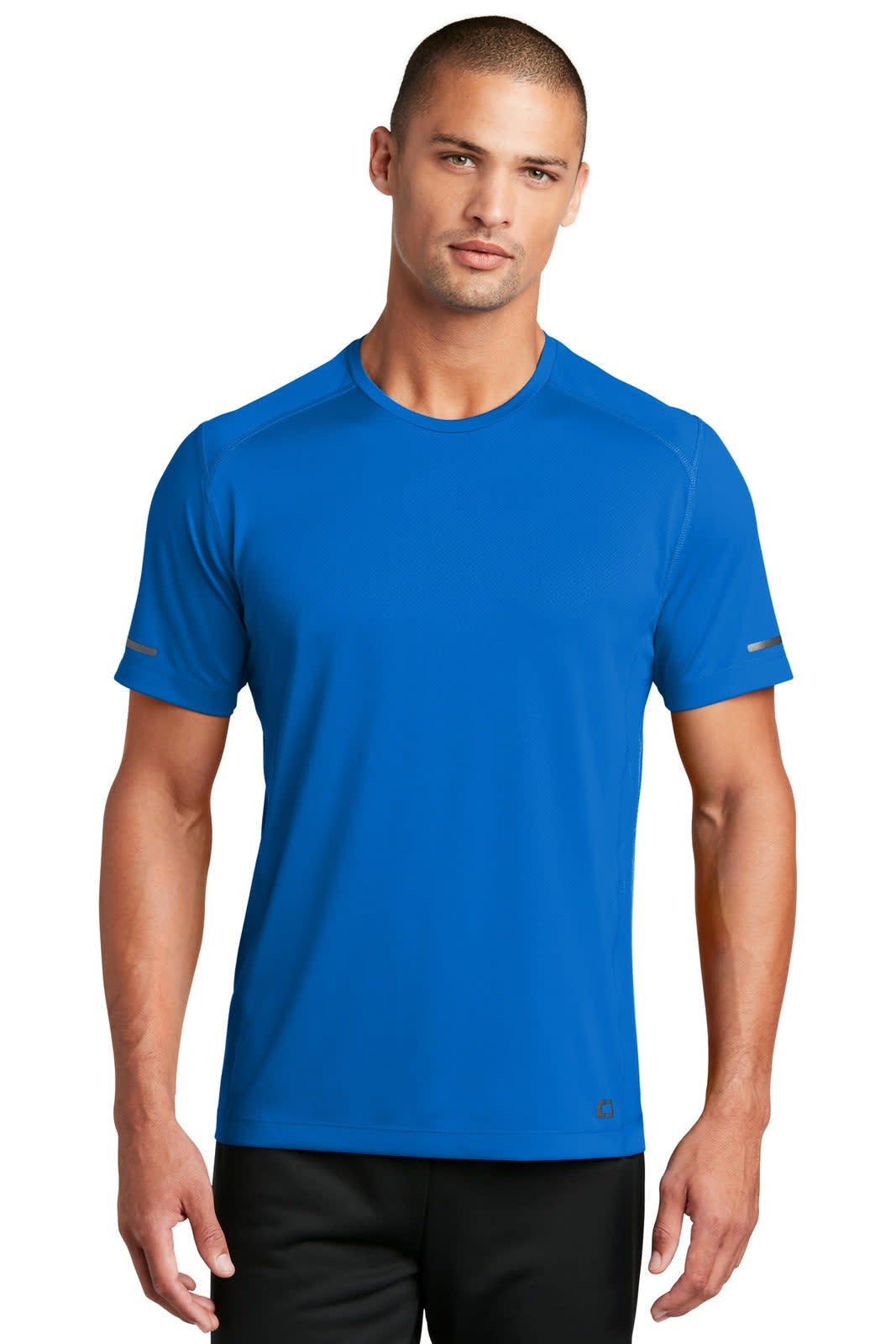 A blue OGIO ENDURANCE Level Mesh Tee for men, featuring short sleeves and a logo on the arm.