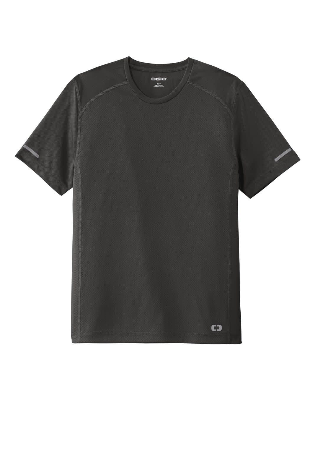 A black OGIO ENDURANCE Level Mesh Tee, featuring short sleeves and a logo. Made from breathable fabric.