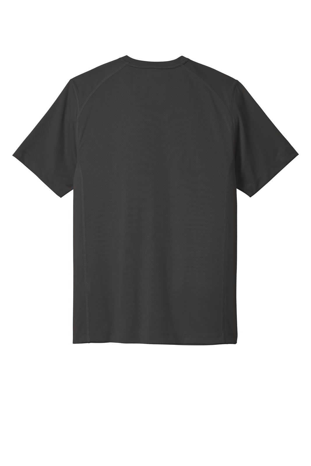 A dark grey t-shirt with short sleeves and a round neckline, featuring a logo on the back.