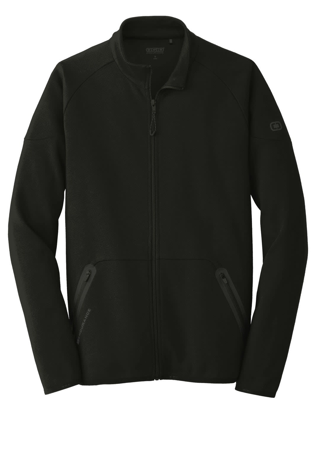A black OGIO ENDURANCE Origin Jacket featuring a full zip and zippered pockets, with a logo on the sleeve.