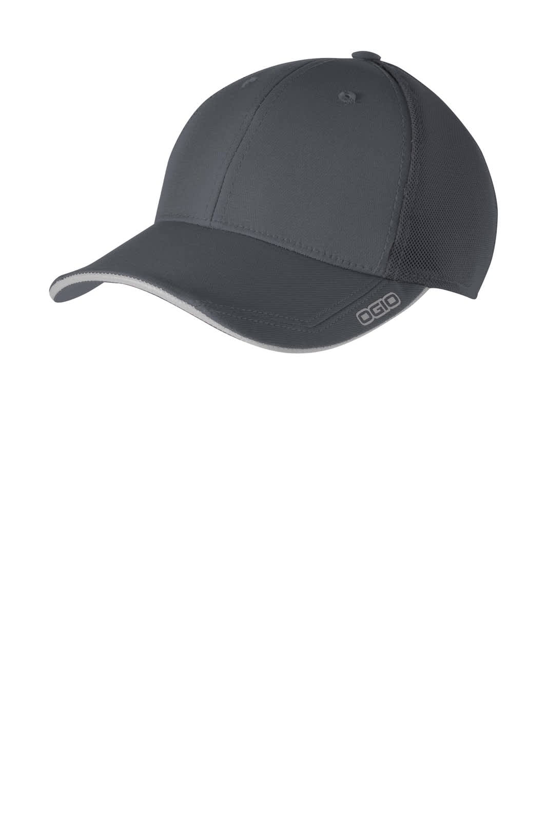 A grey cap with a structured design and mesh detailing, featuring a logo on the side.