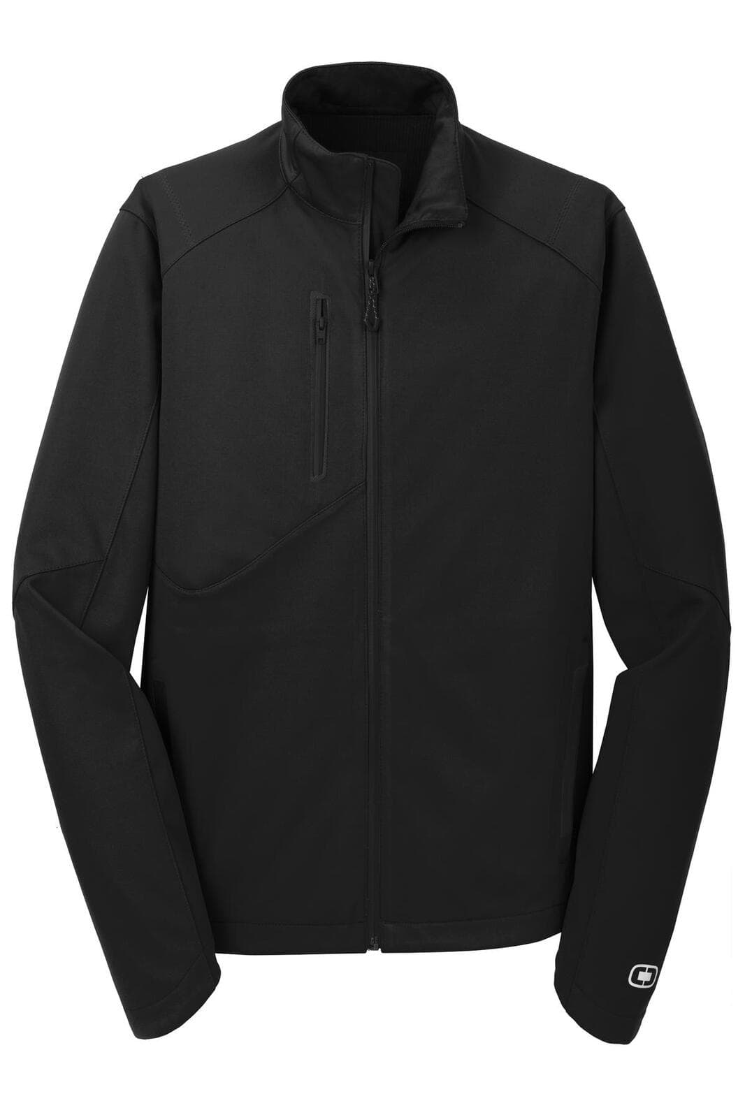 A black soft shell jacket with a zip front and a logo on the sleeve. Features a high collar and zip pockets.