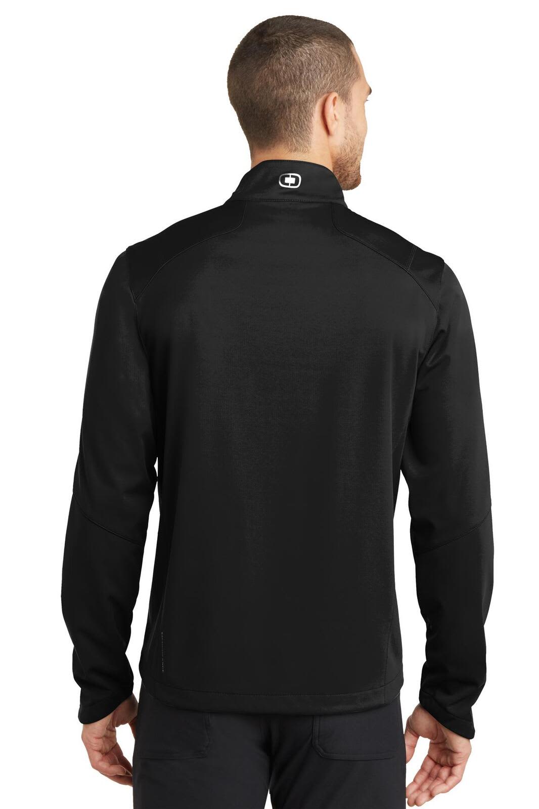 A black soft shell jacket with a high collar and long sleeves, featuring a logo on the back.
