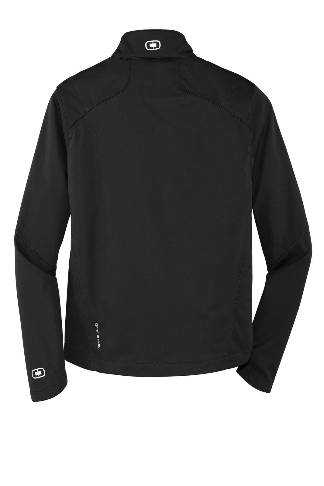 A black soft shell jacket with a high collar and long sleeves, featuring a logo on the sleeve.