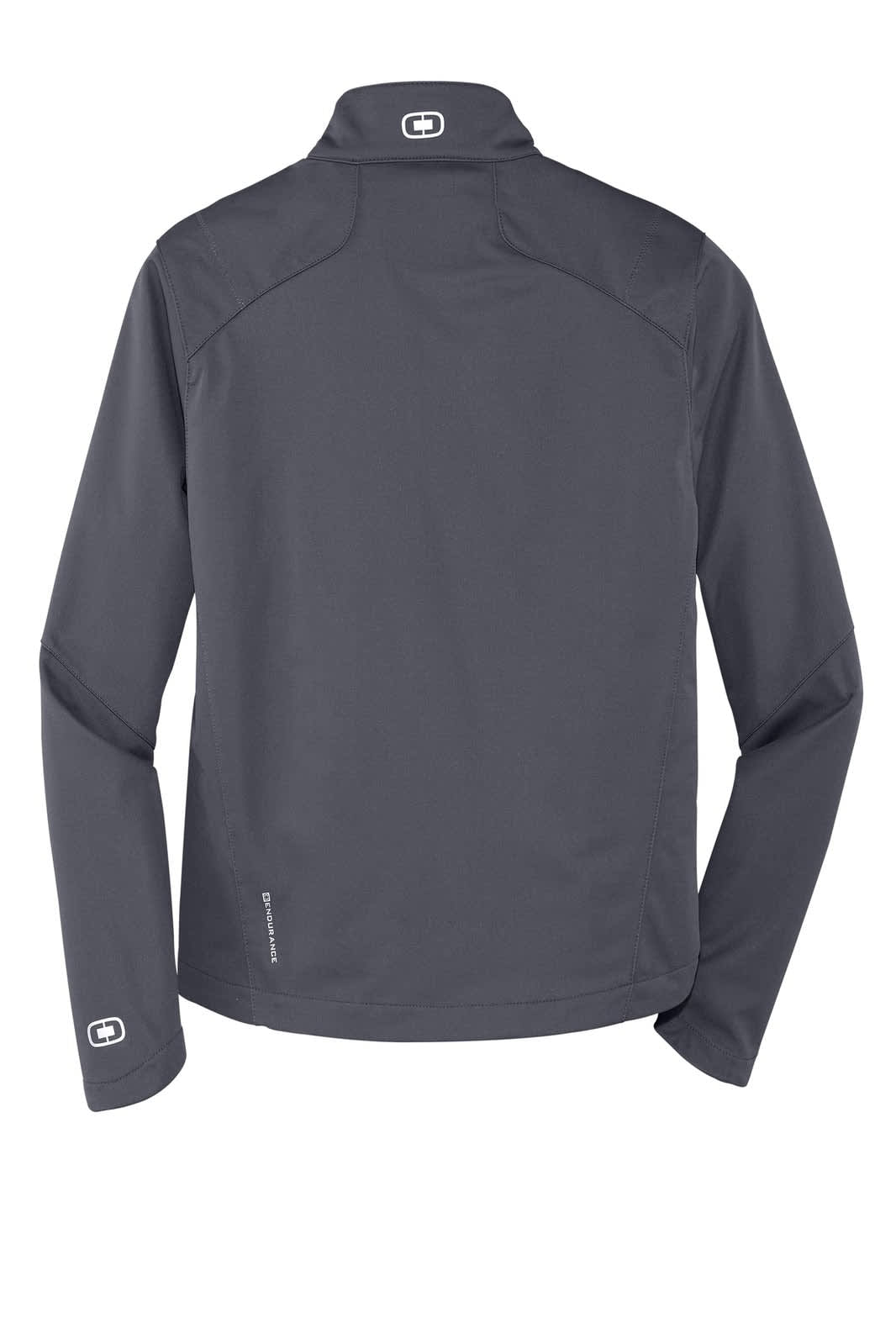 A soft shell jacket in dark grey with a logo. Features a high collar and fitted design.