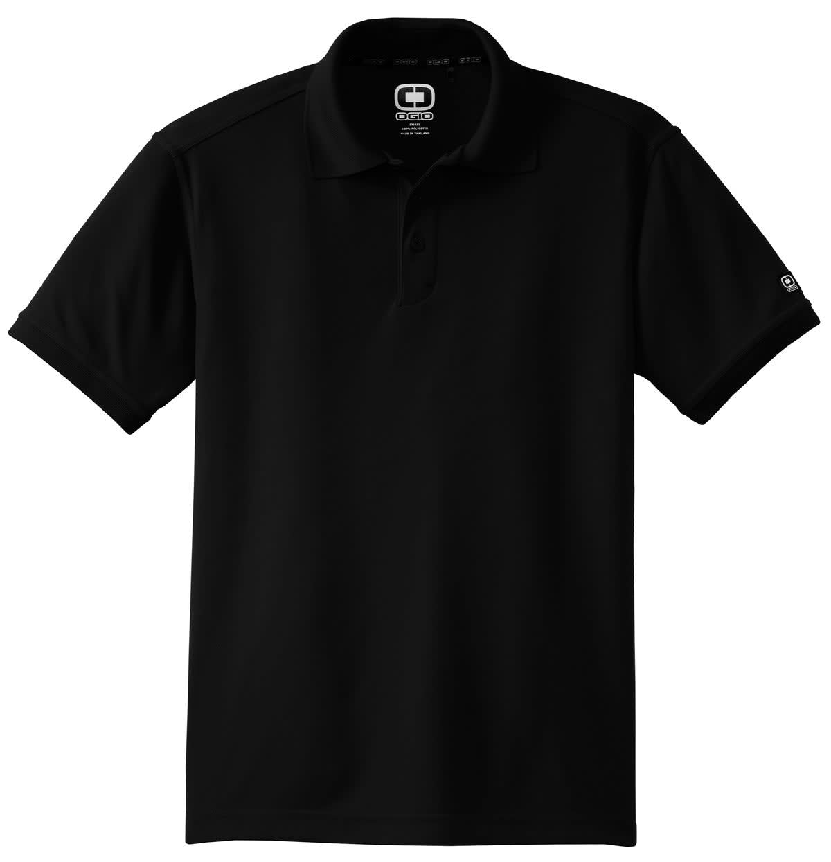 A black polo shirt with a collar and short sleeves, featuring a logo on the chest area.