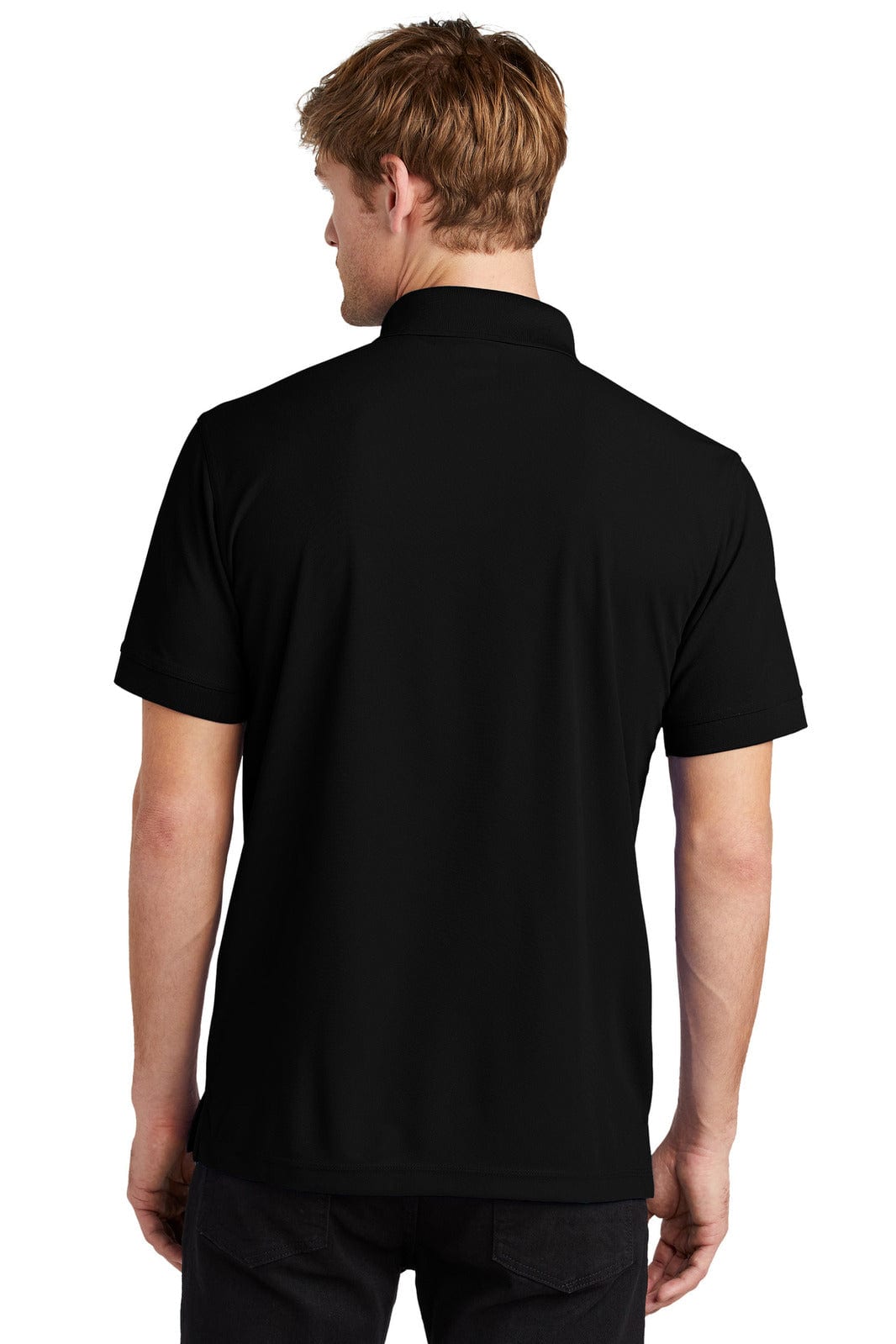 A black polo shirt displayed from the back, featuring a collar and short sleeves. The shirt includes a logo.