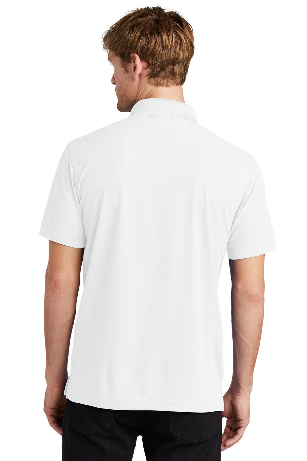 A white polo shirt seen from the back, featuring a collar and short sleeves. The garment includes a logo.