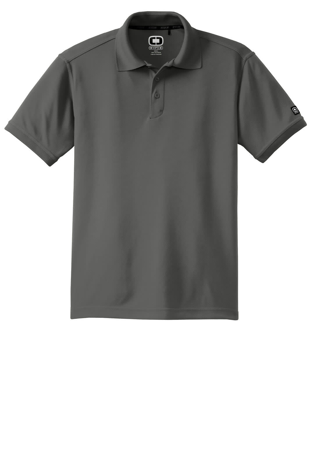 A grey OGIO Caliber 2.0 polo shirt with a collar and short sleeves, featuring a logo.
