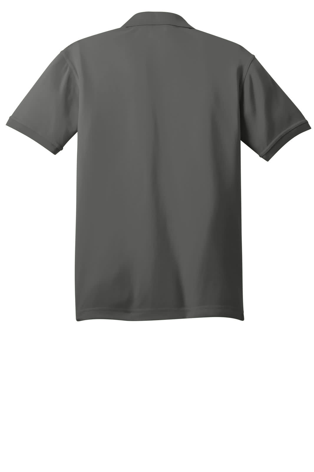 A grey polo shirt featuring a classic design and a collar, with a logo on the back.