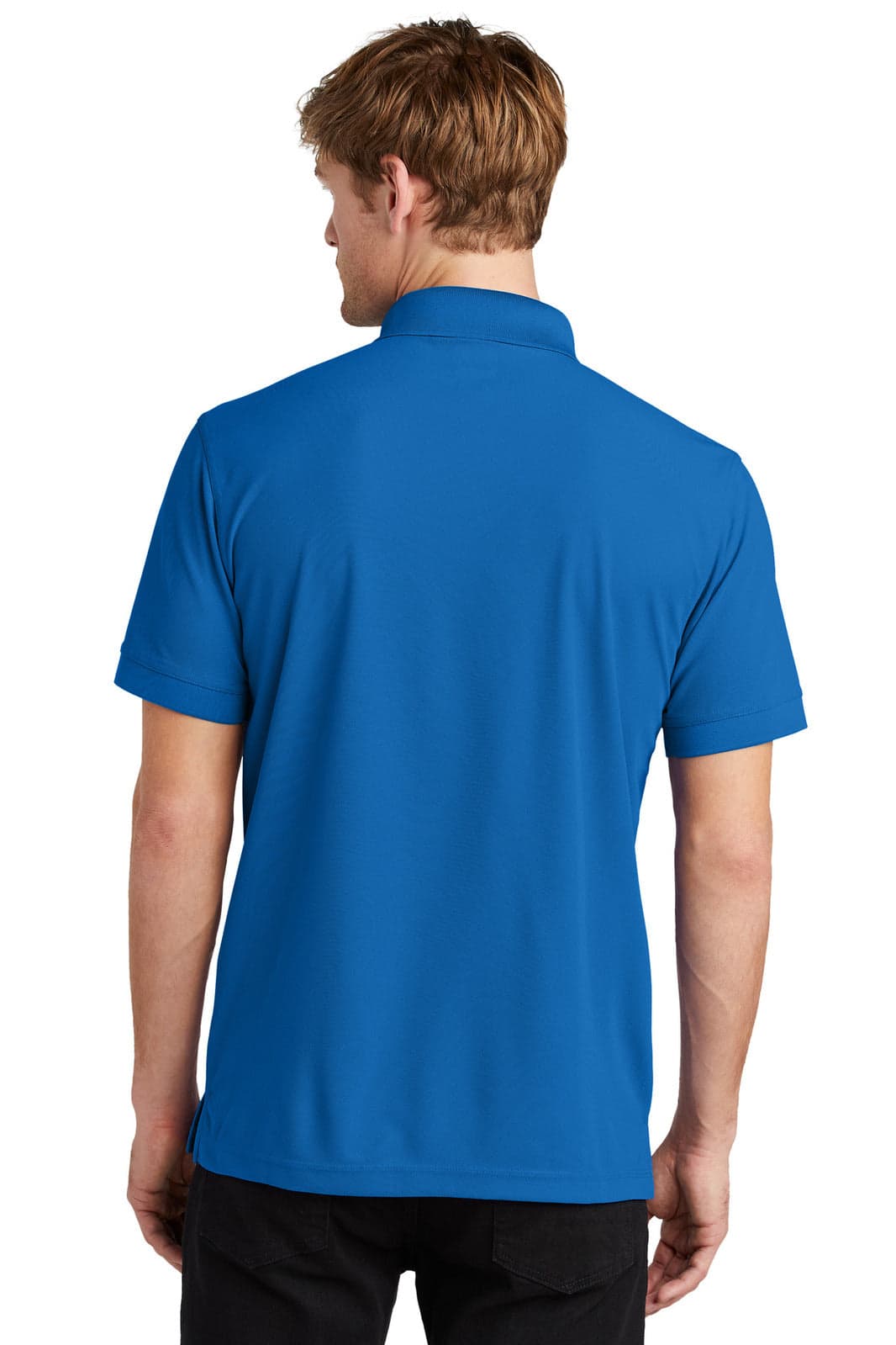 A blue polo shirt with a collar, featuring a back view of the wearer. The shirt has a branding logo.