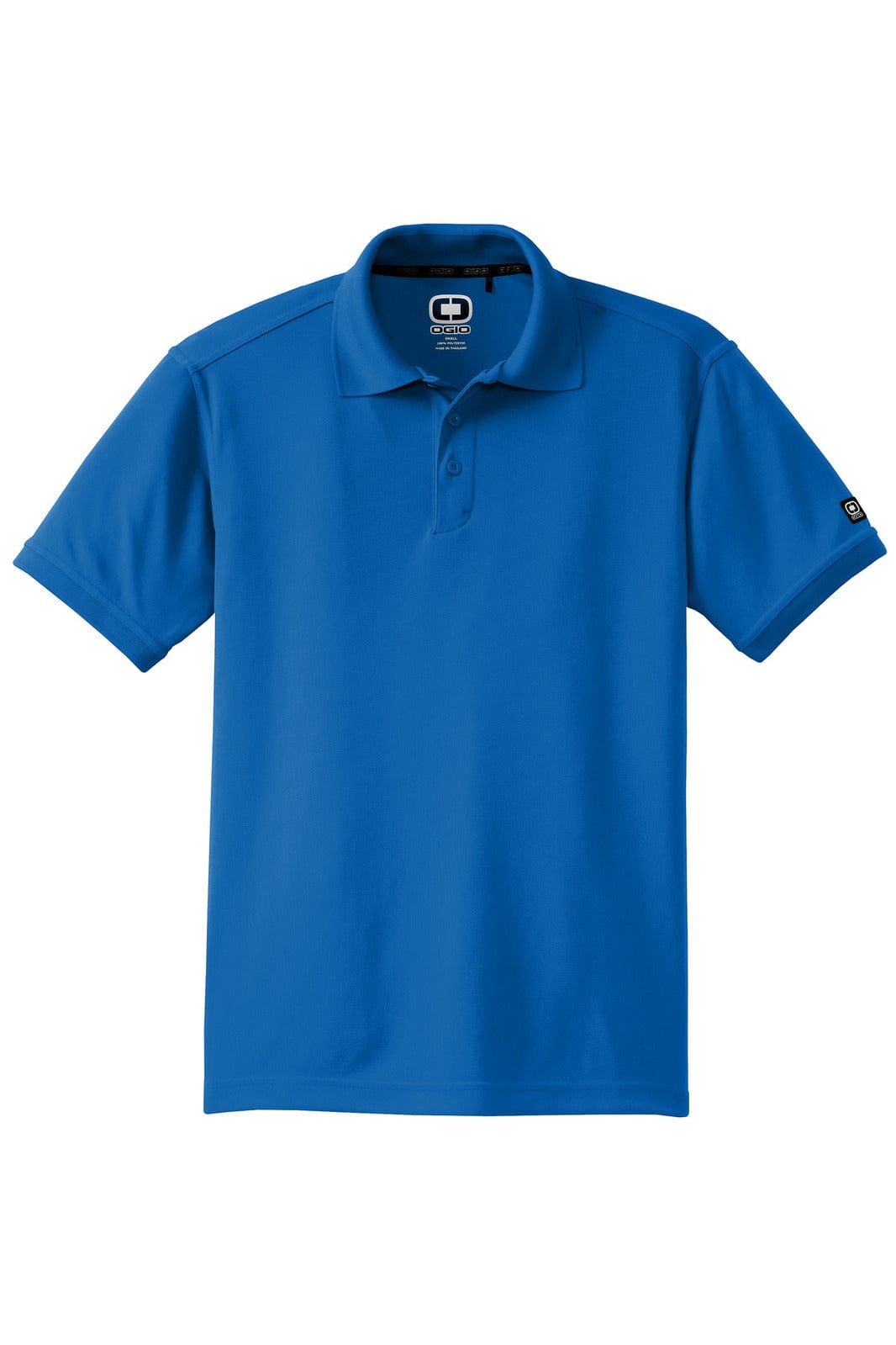 A blue OGIO Caliber 2.0 polo shirt with a collar and a logo on the sleeve.