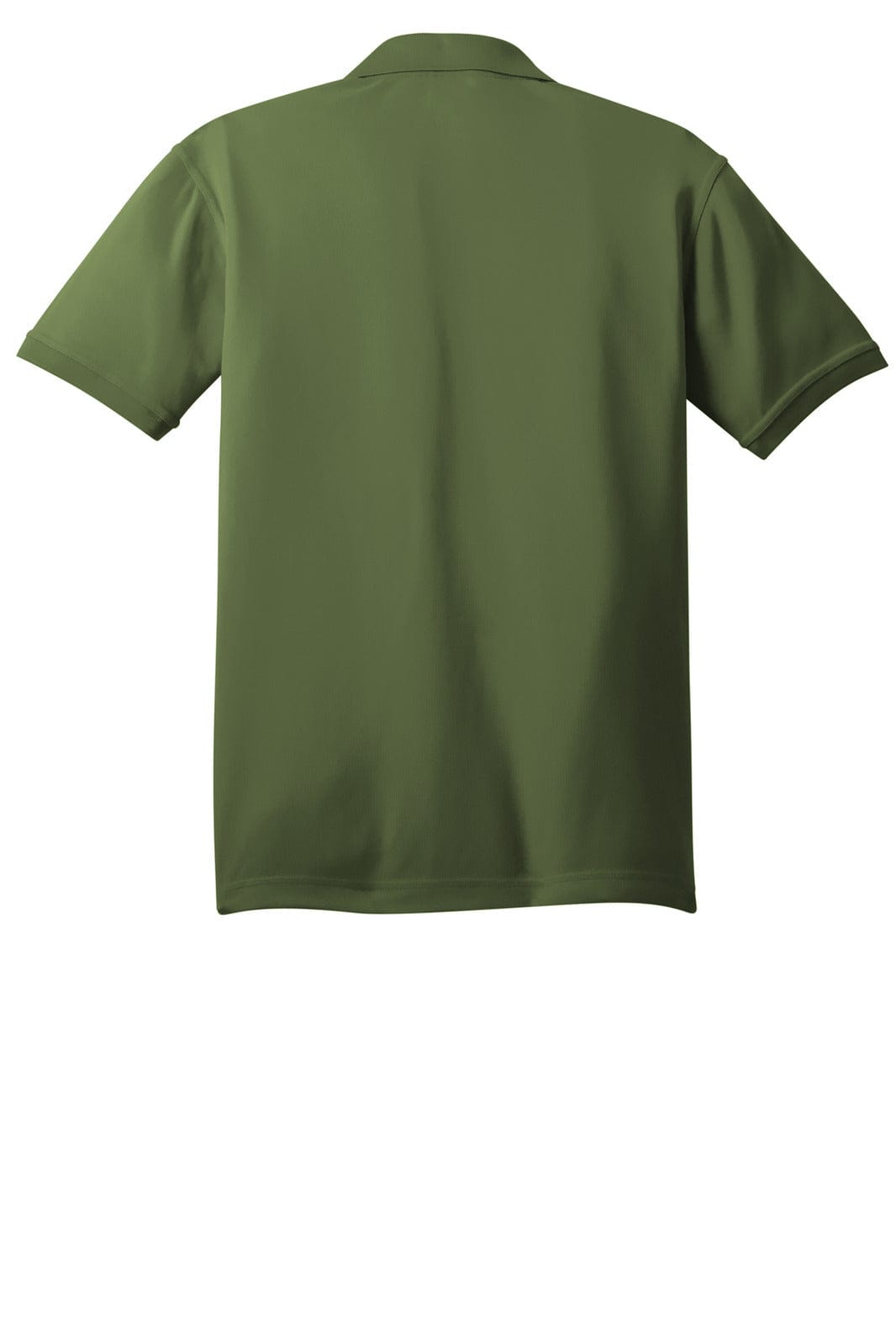 An olive green polo shirt featuring a collar and short sleeves. The back view displays a smooth fabric finish.