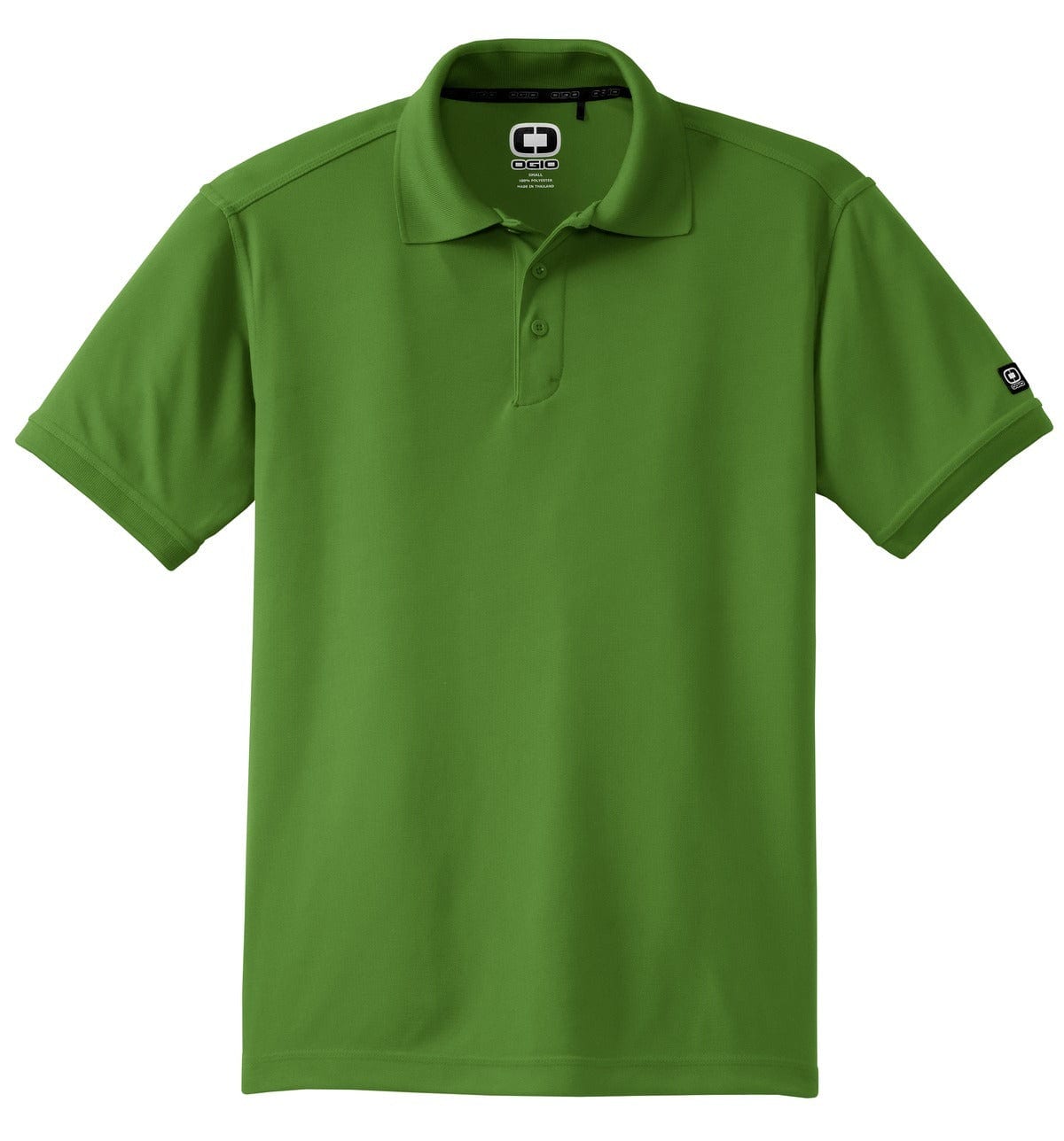 A green polo shirt with a collar and short sleeves, featuring a logo on one sleeve.