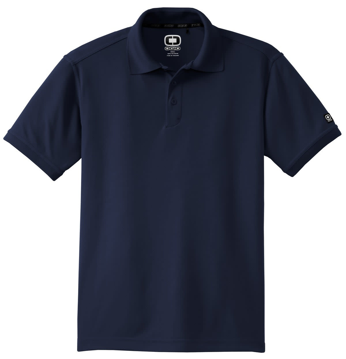 A navy blue polo shirt featuring a collar and short sleeves, with a logo on the front.