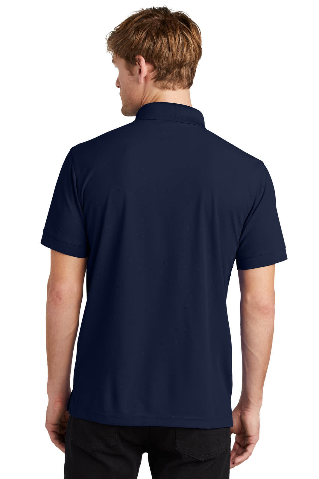 A navy polo shirt with a collar and short sleeves, featuring a logo on the back.