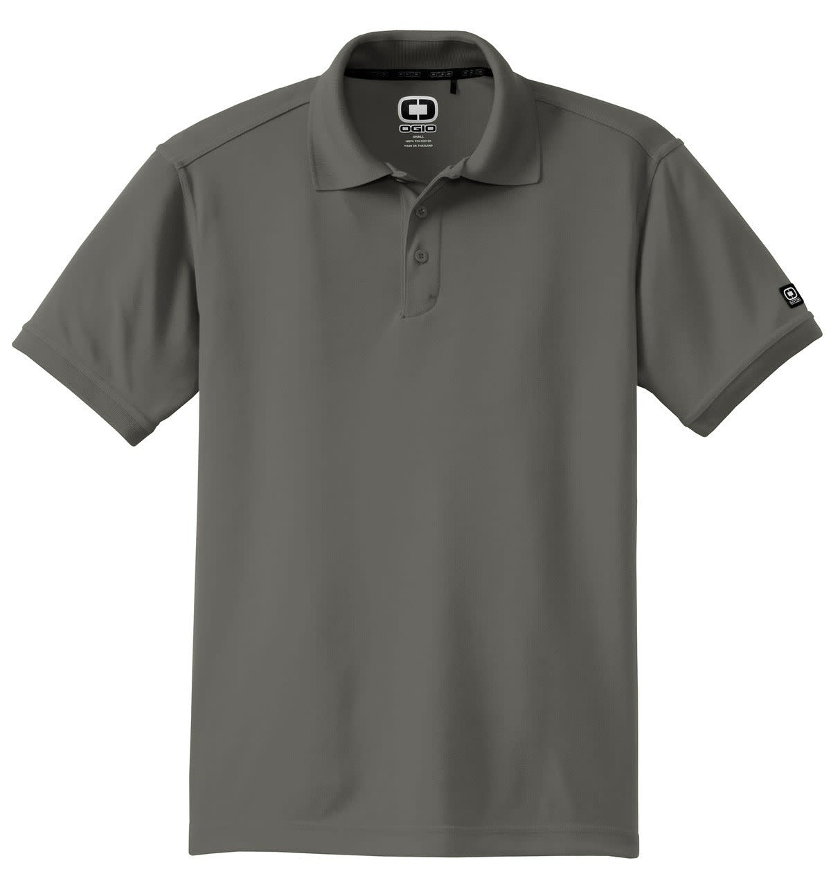A grey OGIO Caliber 2.0 polo shirt with a logo on the collar. Short sleeves and a classic fit design.