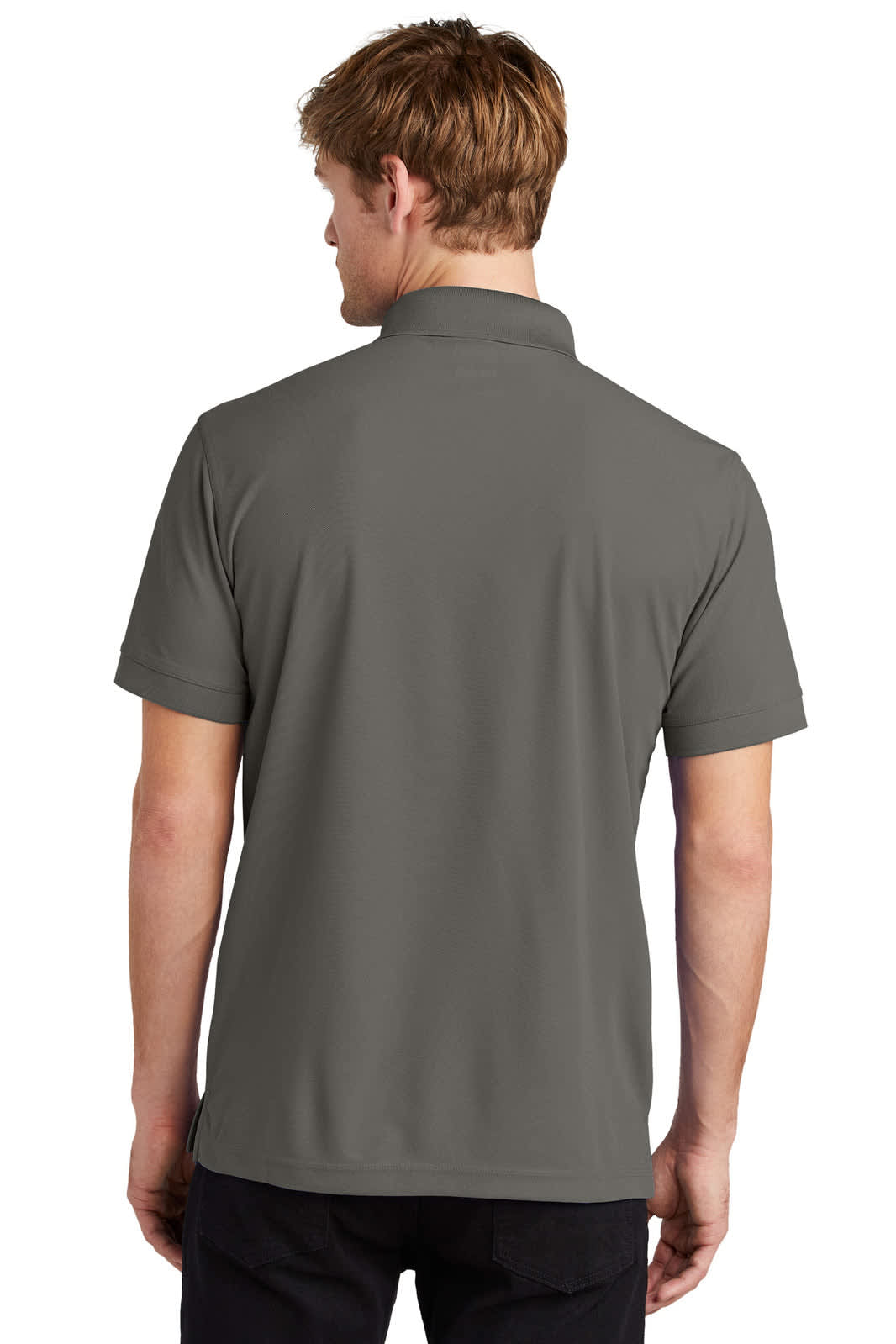 A rear view of a grey OGIO Caliber 2.0 polo shirt featuring a collar and short sleeves, with a logo visible.