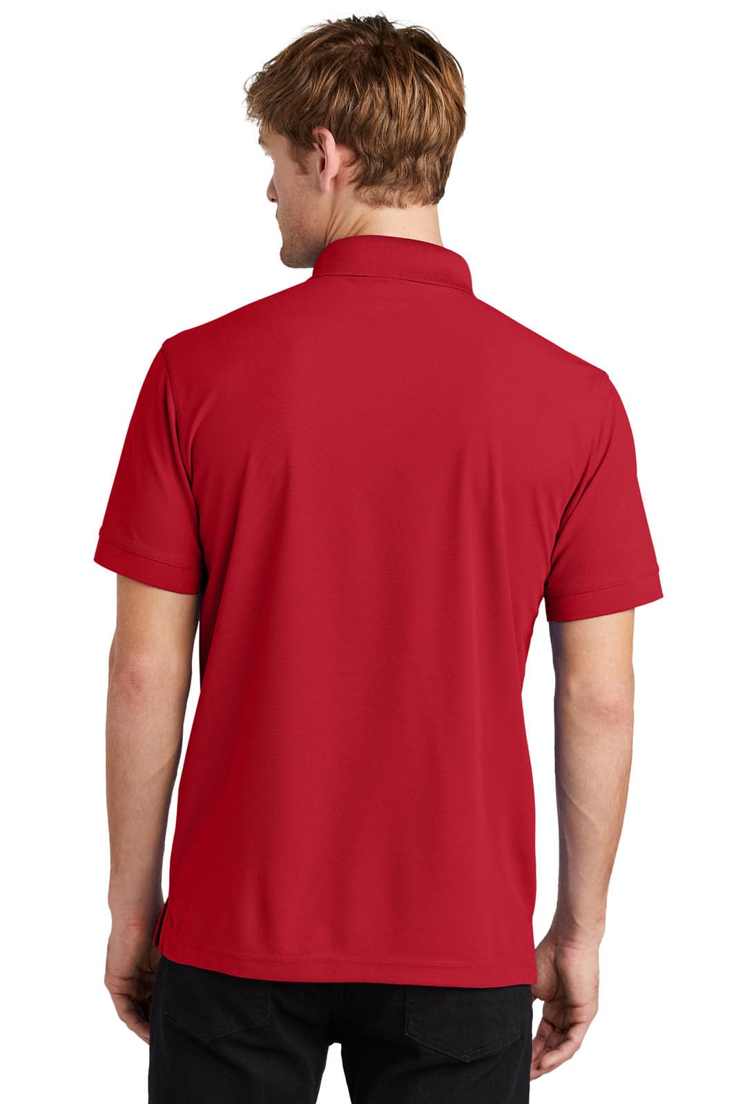 A red polo shirt featuring a collar and a logo on the back, modelled by a person from behind.