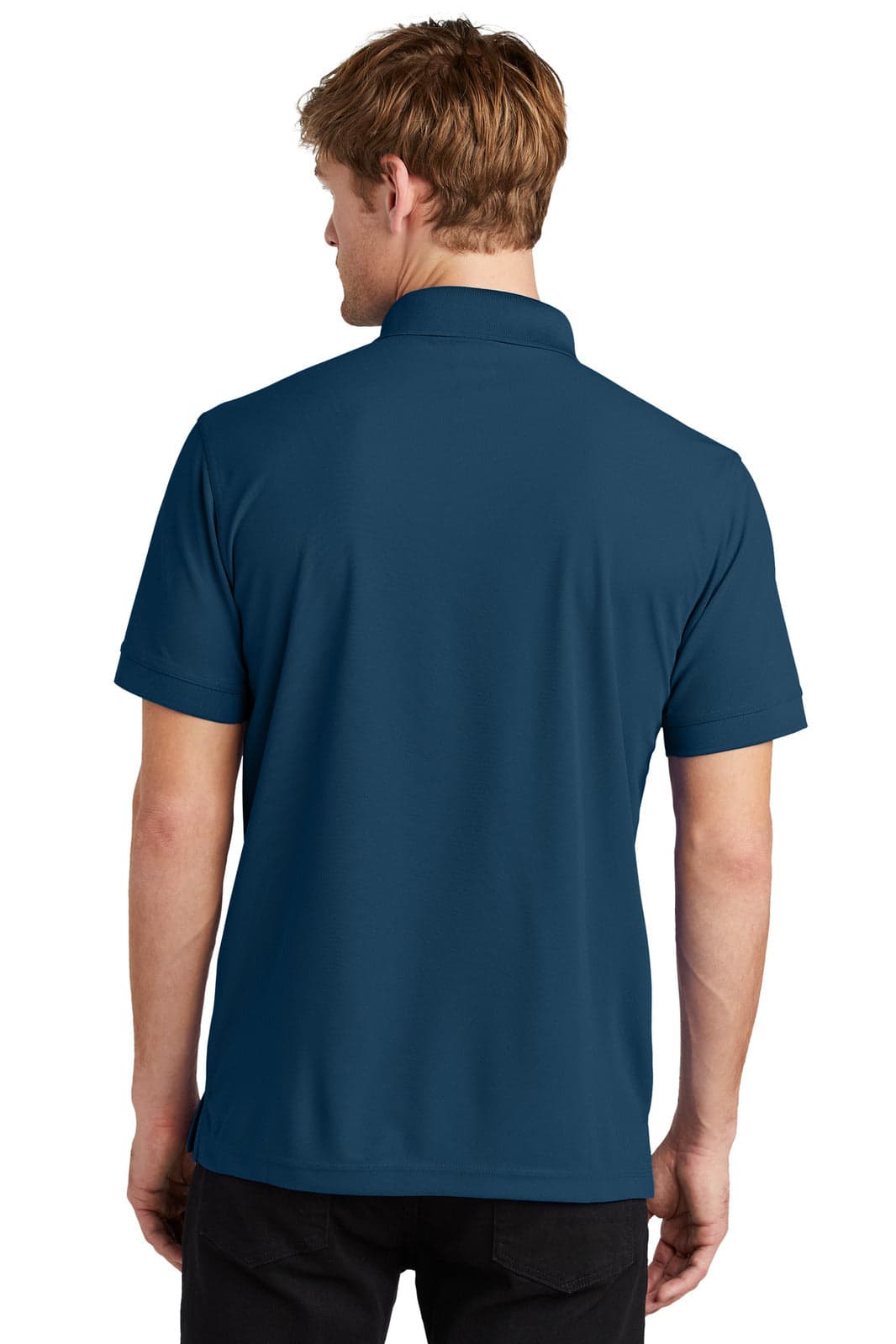 A navy blue polo shirt featuring a collar and short sleeves, displayed from the back view. It has a branding logo.