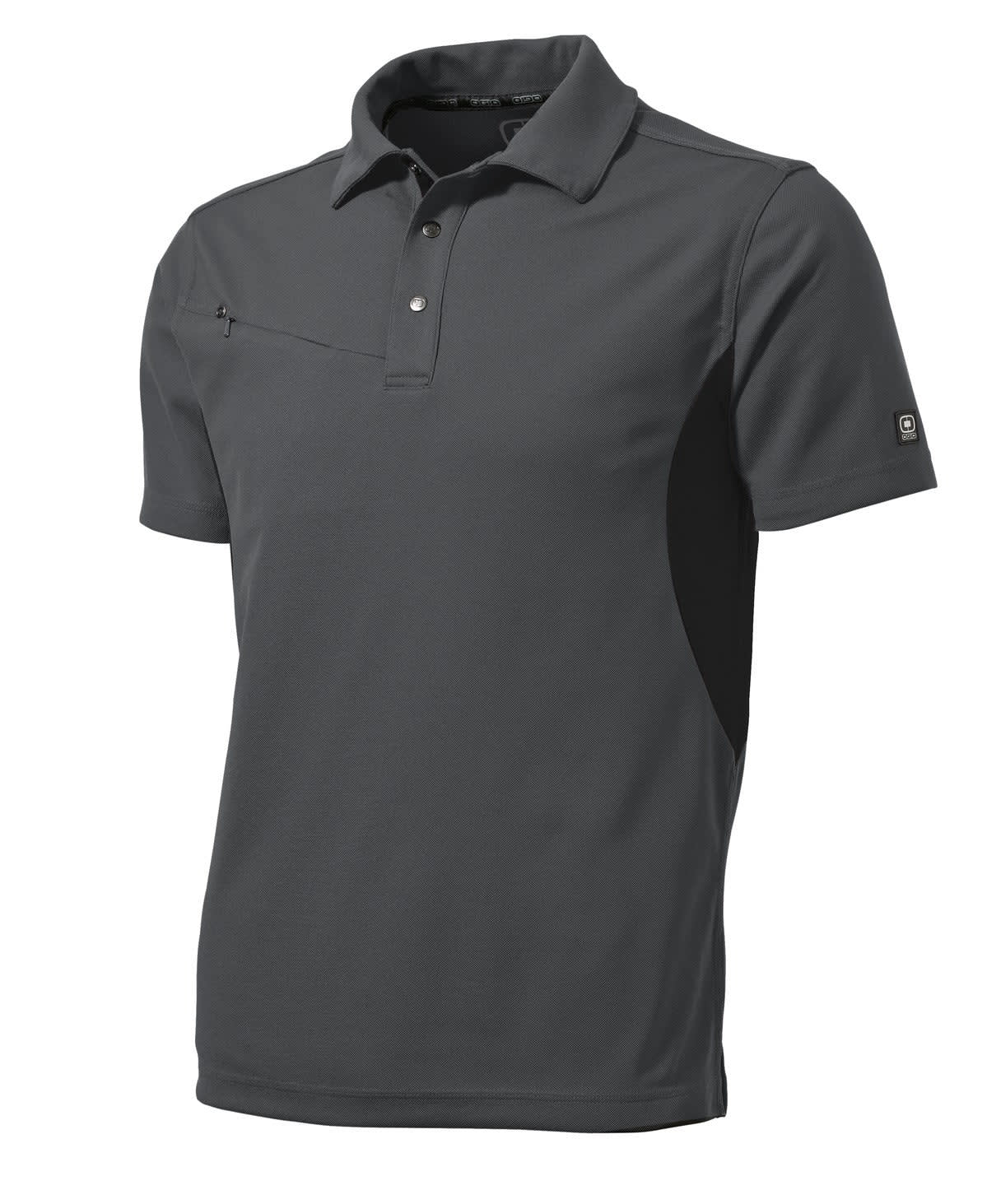 A short-sleeved, charcoal grey polo shirt featuring a collar and a logo on the sleeve.