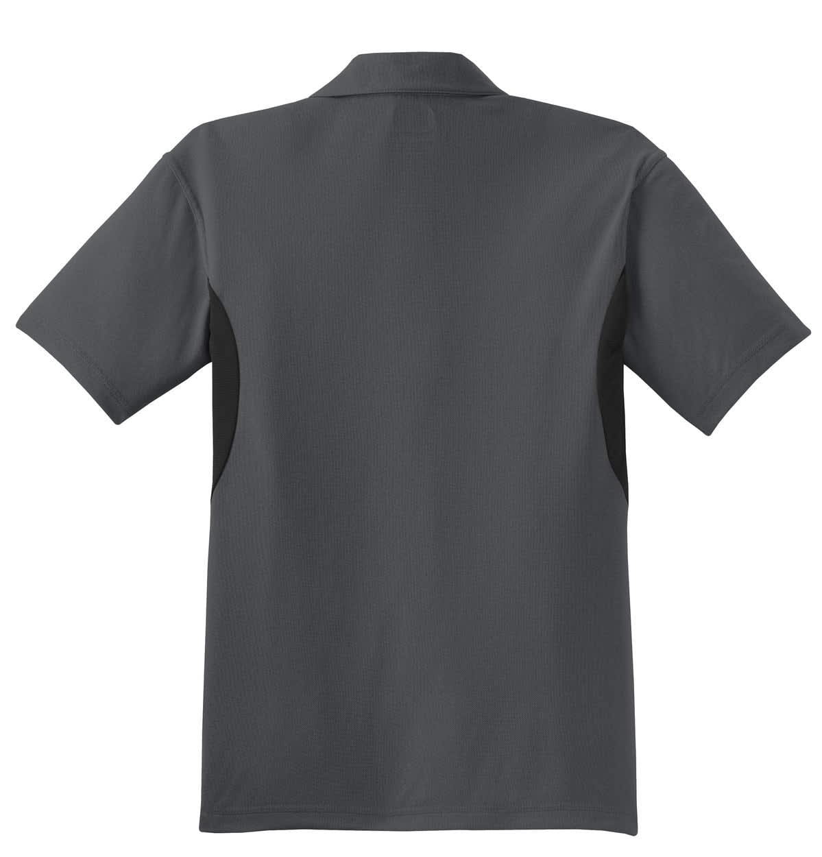 A grey OGIO Accelerator Polo shirt with black side panels and a collar, featuring a subtle logo on the back.