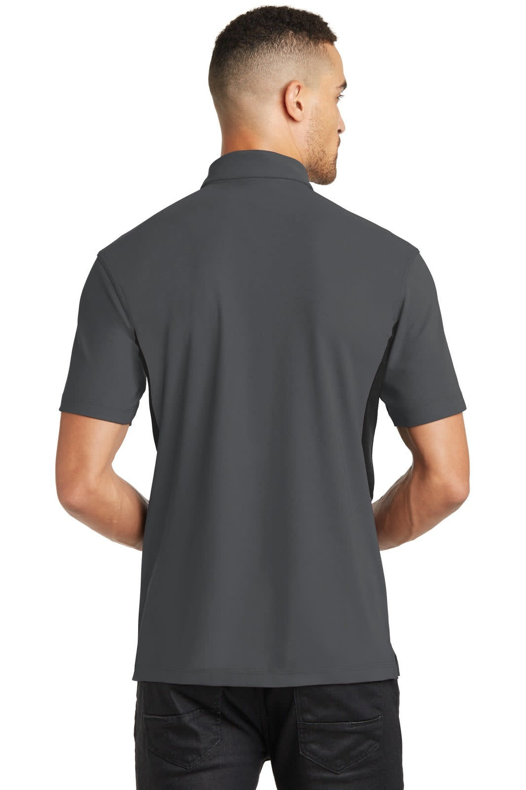 A grey polo shirt with a collared neckline and short sleeves, featuring a logo. The shirt is viewed from the back.