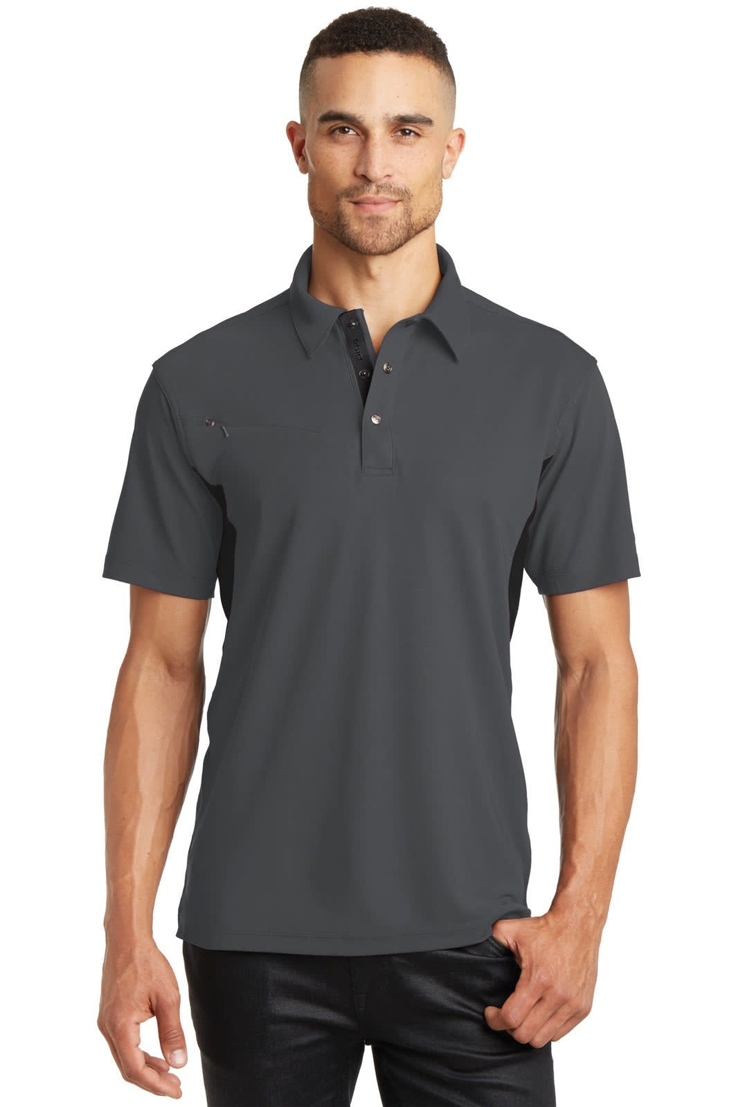 A grey polo shirt with a collar and a logo, featuring short sleeves and a sleek design.