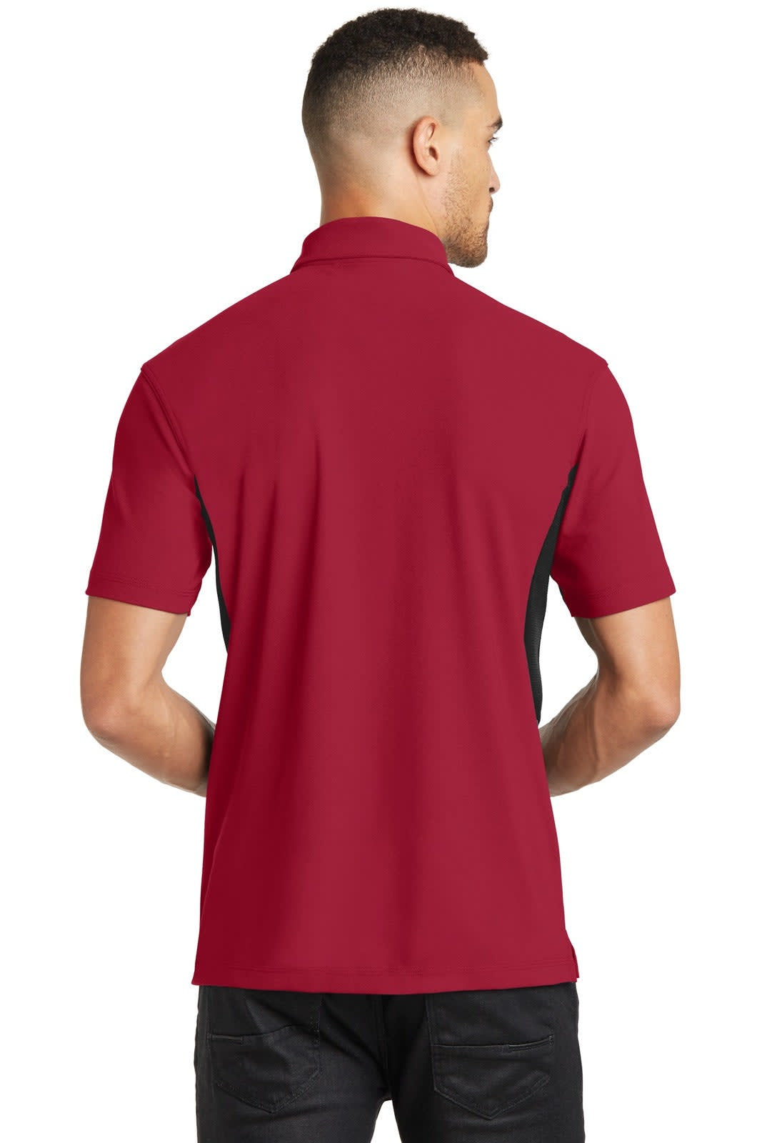 A red polo shirt with a black accent, designed for a sporty look, featuring a simple logo.