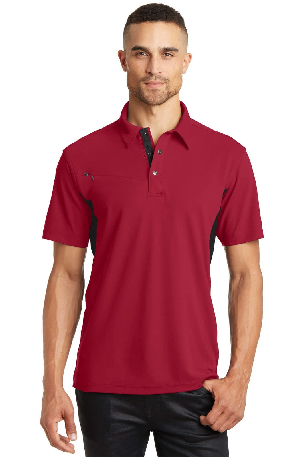A red OGIO Accelerator Polo shirt with contrasting black details and a logo on the chest.