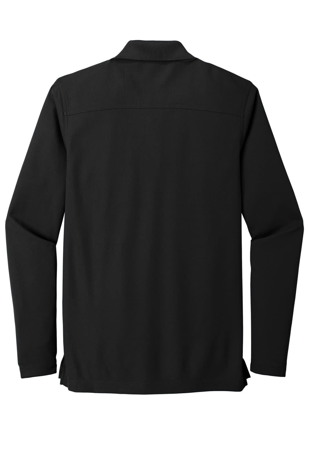 A black long sleeve shirt featuring a simple design and a logo on the back.