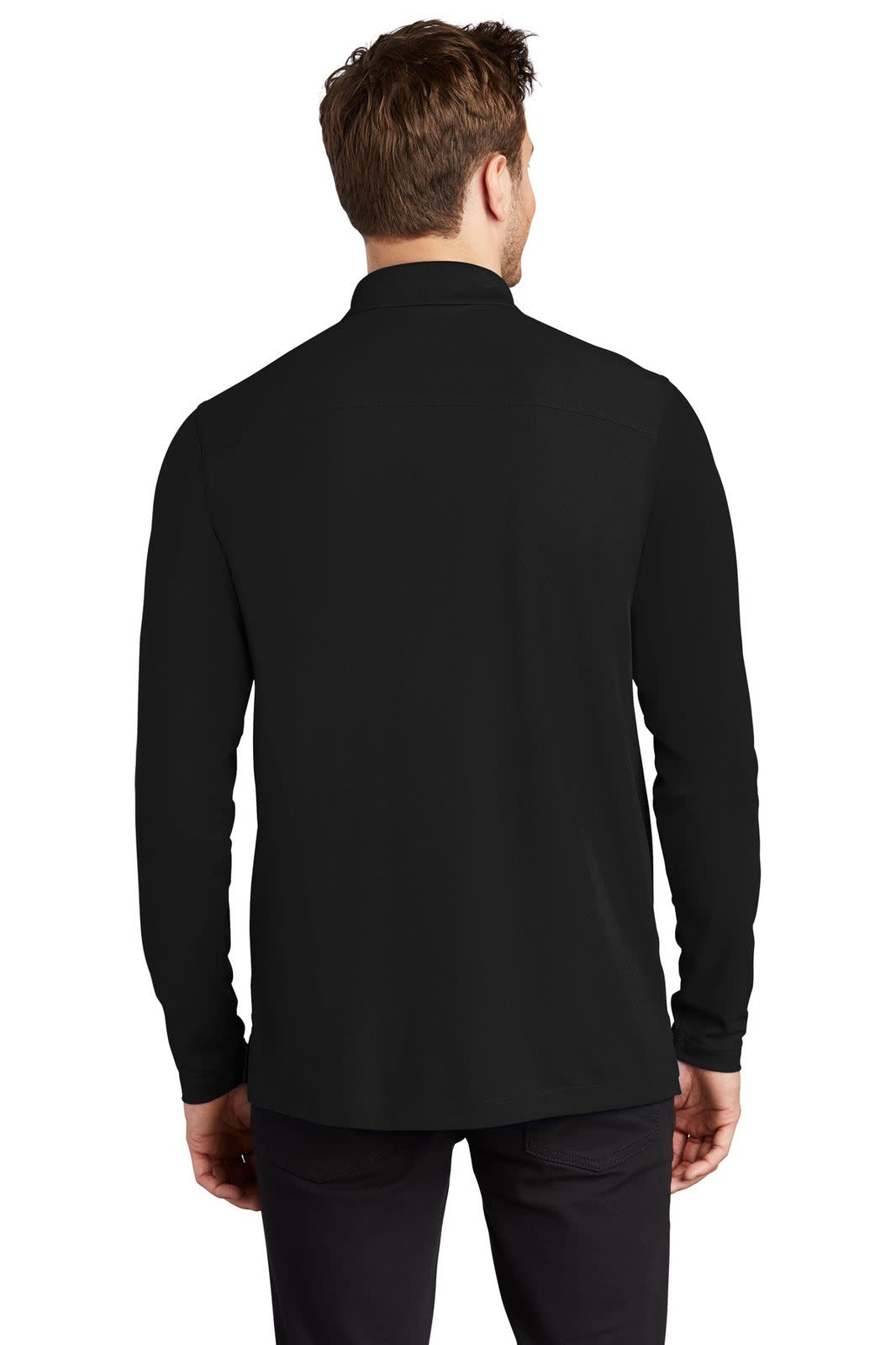 A long sleeve shirt in black, featuring a collar and a branded logo.