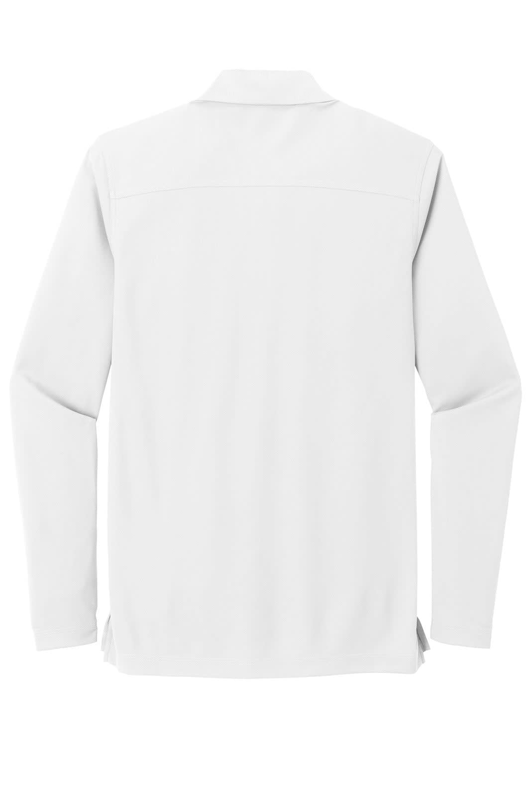 A long-sleeve shirt in white, featuring a simple design and a back view. Includes branding.