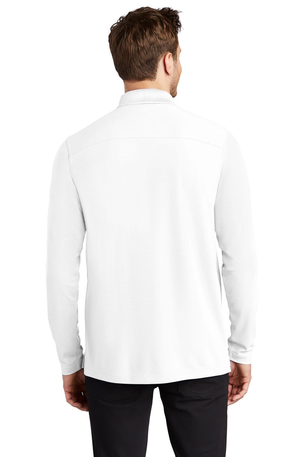 A long sleeve white shirt with a collar, featuring a branded logo on the back.
