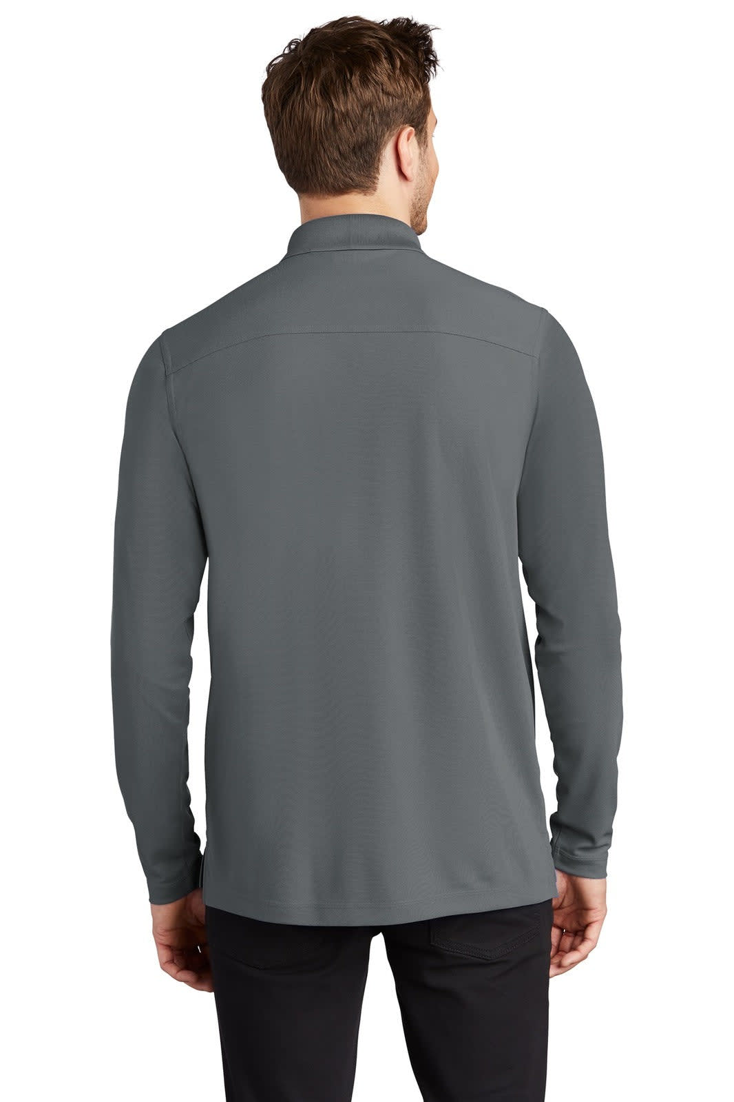 A grey long sleeve shirt with a collar, featuring a logo on the back, designed for casual wear.