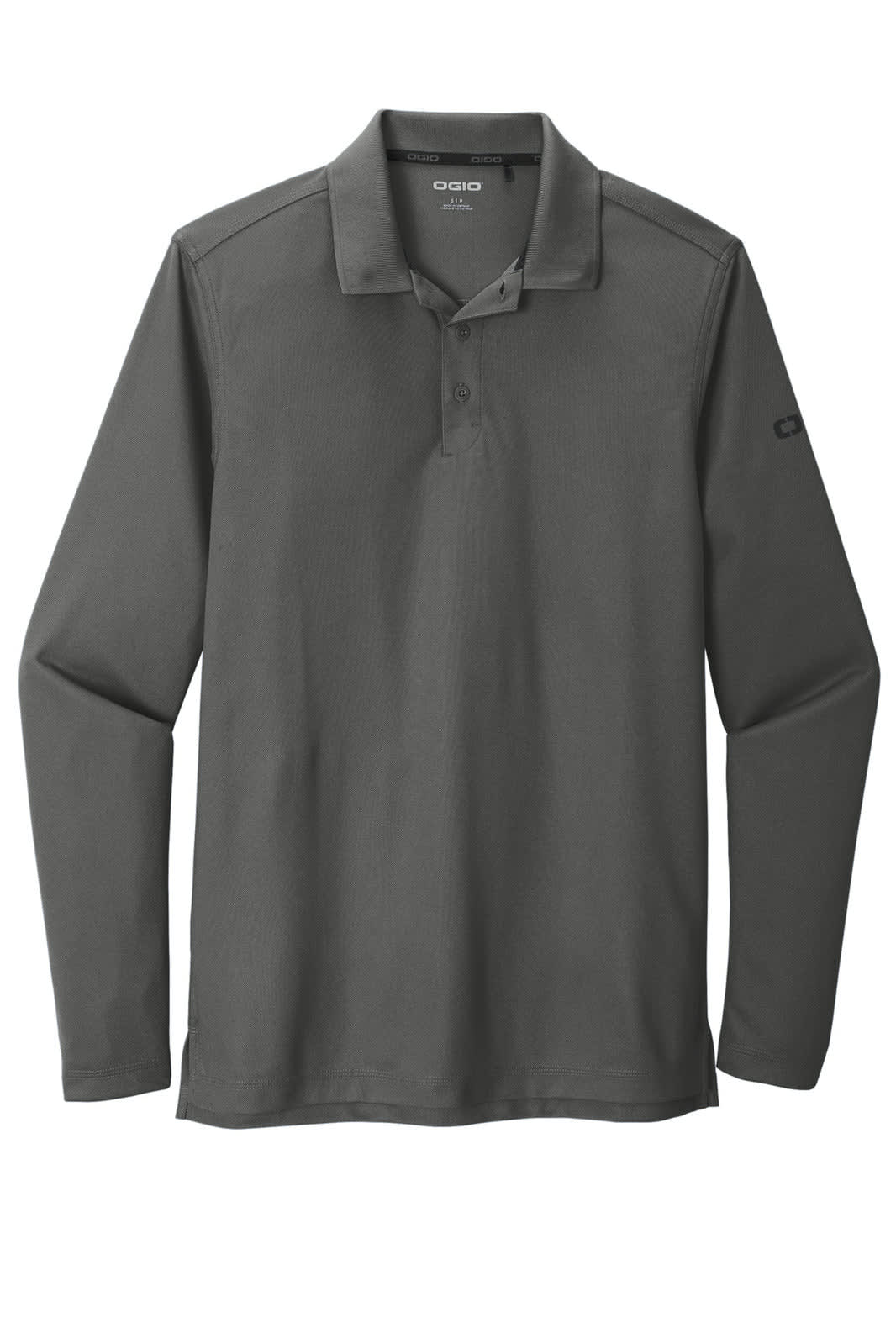 A long-sleeve, dark grey polo shirt featuring a brand logo on the sleeve. Suitable for casual or semi-formal wear.