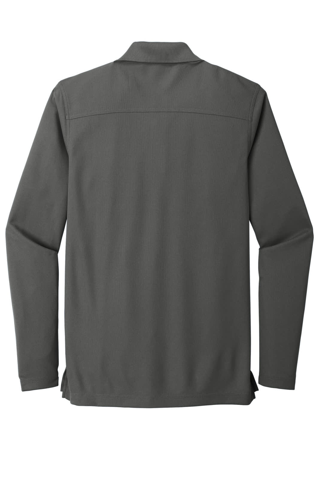 A long-sleeve shirt in grey with a plain back and a collar, featuring a logo.