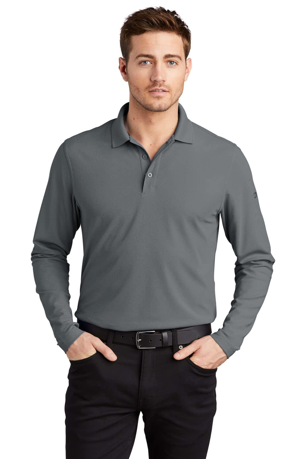 A long-sleeve, grey OGIO Caliber2.0 shirt with a collar and a logo, worn by a model with black trousers.