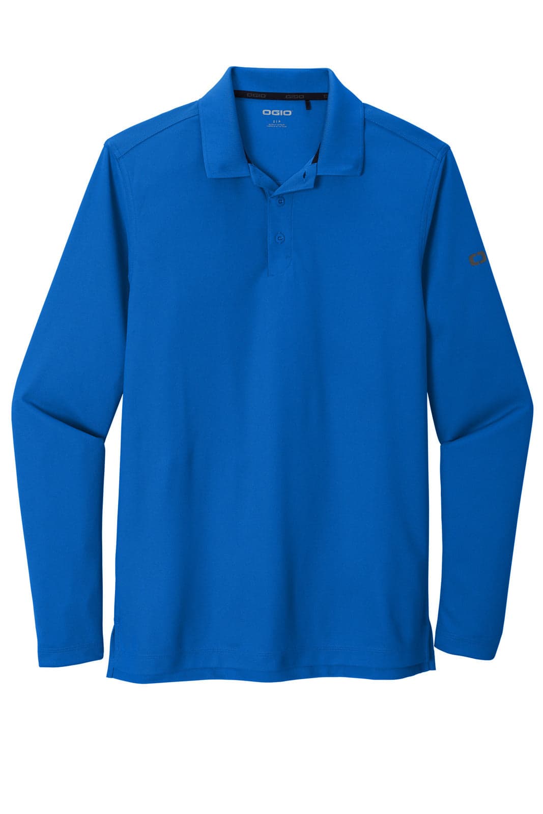A long-sleeve shirt in vibrant blue, featuring a logo on the sleeve. Suitable for casual or sporty wear.