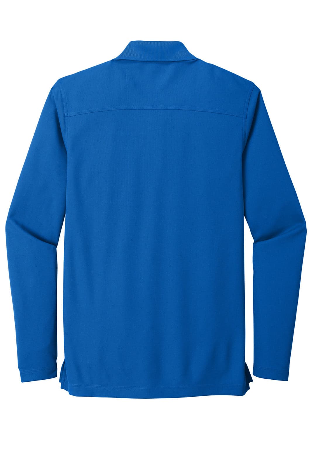 A long-sleeve shirt in a vibrant blue colour with a plain back design and a collar. It features branding.