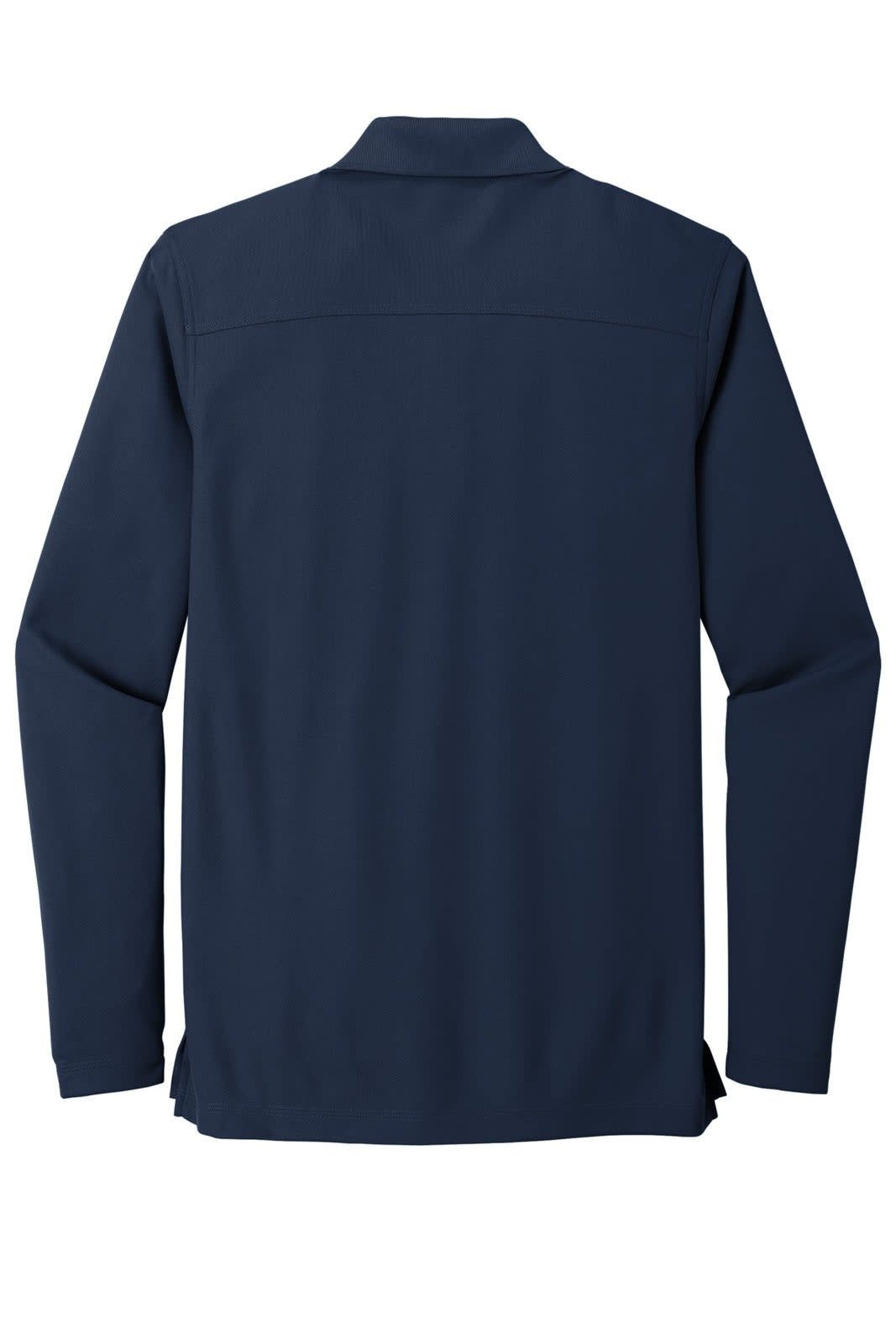 A long sleeve shirt in navy blue, featuring a simple design and a logo on the back.