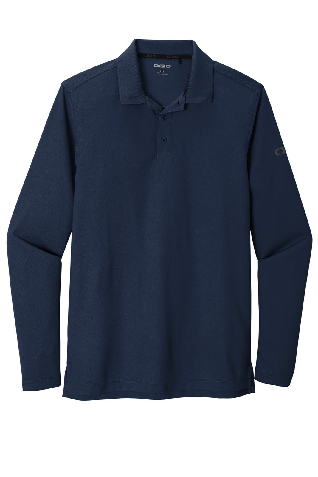 A navy long sleeve shirt with a collar and branding on the sleeve. Suitable for casual or active wear.