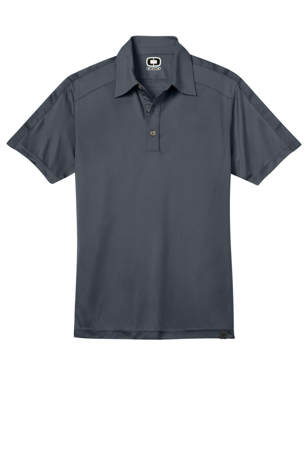 A dark grey polo shirt with a collar and button placket, featuring subtle branding.