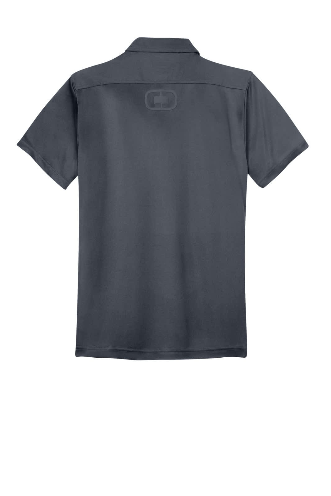 A dark grey polo shirt with a collar and a logo on the back. Short sleeves complete the design.