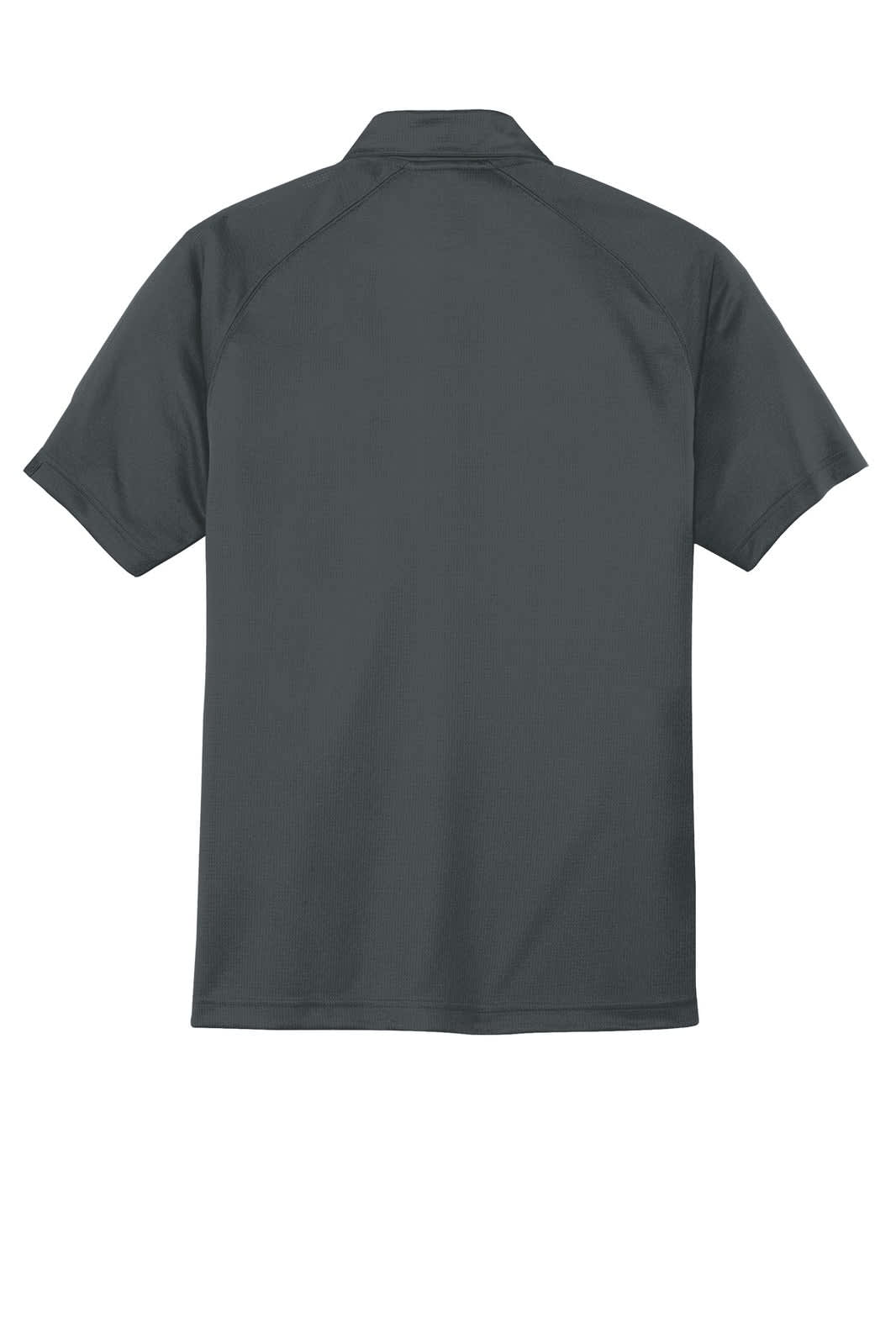 A dark grey polo shirt with short sleeves and a collar, featuring a logo on the back.