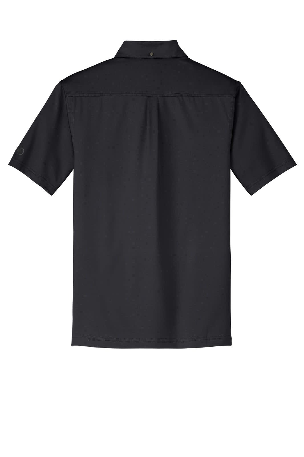 A black polo shirt with a collared neckline and short sleeves; features a logo on the sleeve.
