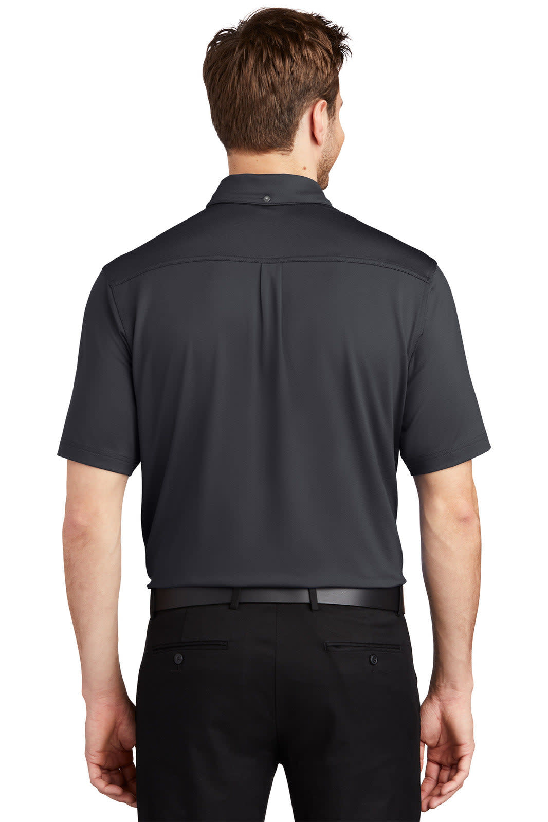 A black OGIO Gauge Polo shirt displayed from the back, featuring a stylish and simple design.
