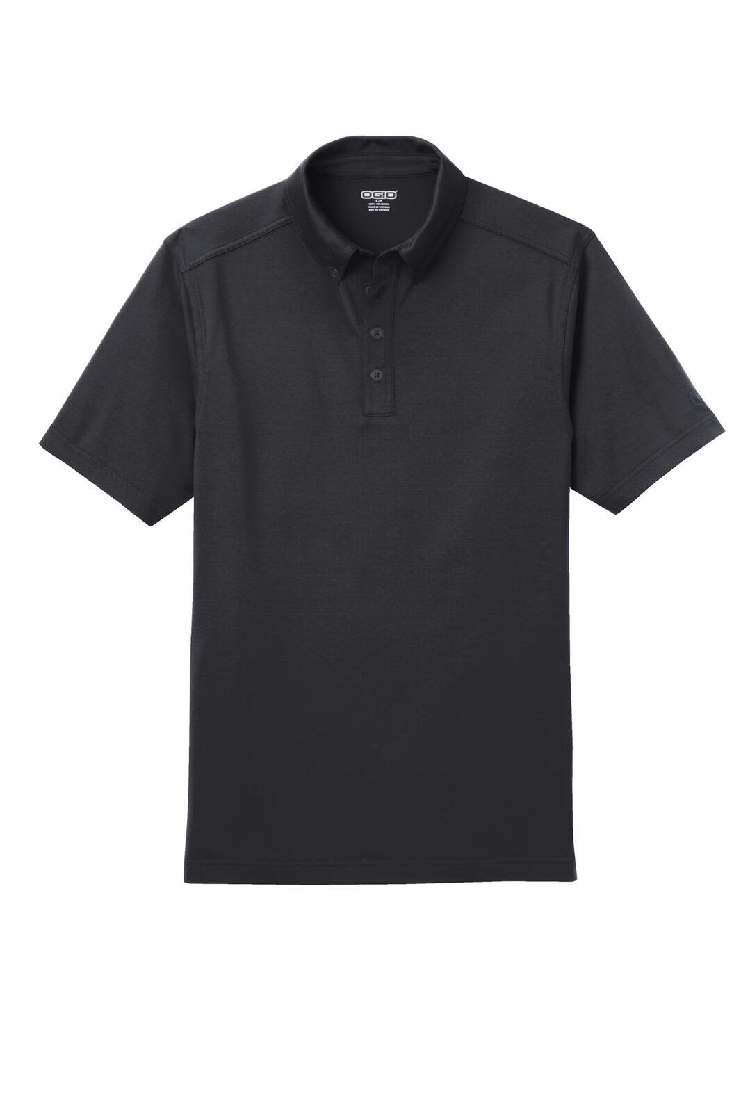 A black OGIO Gauge Polo shirt featuring short sleeves and a collar, with three buttons and a logo.